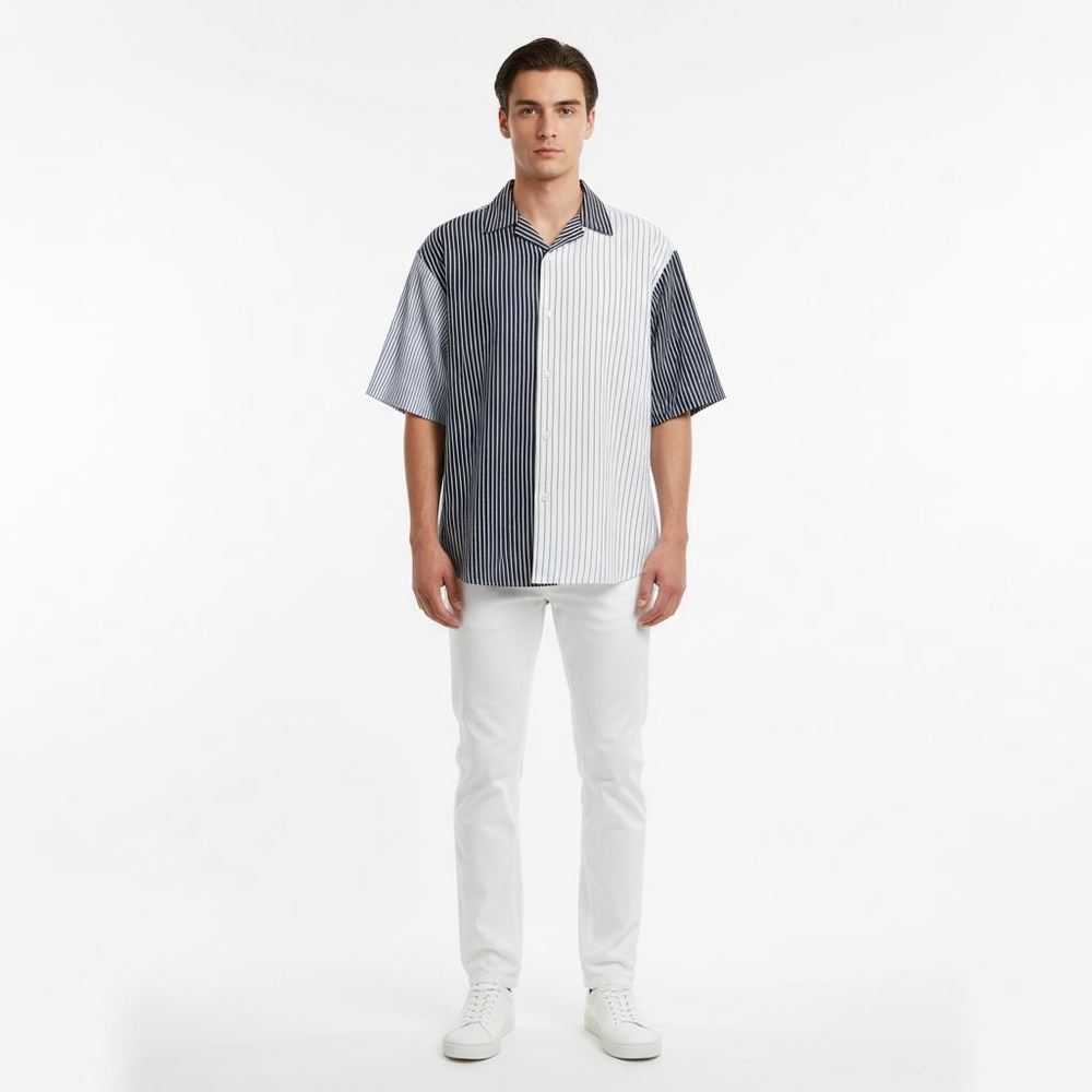 CIAOPANIC Casual Button Down White Blue Striped Shirt - Medium